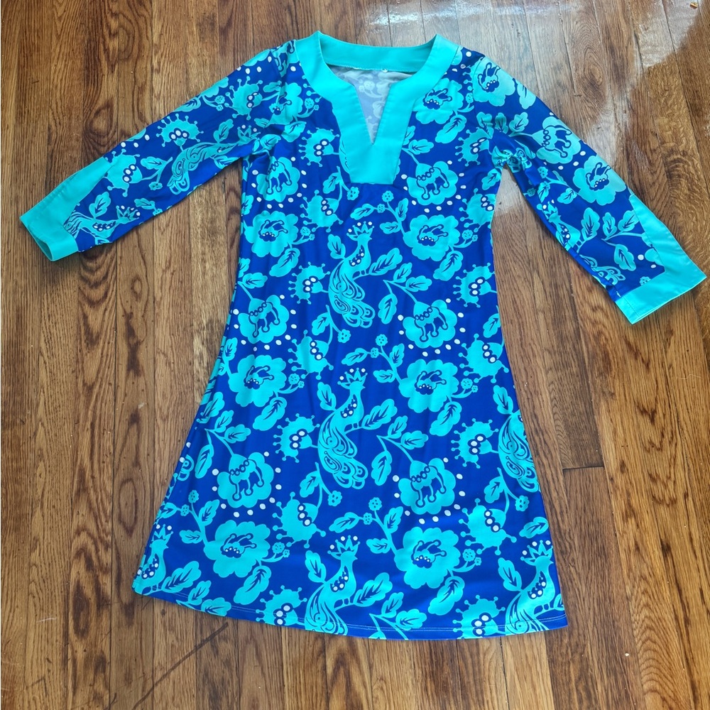 Blue and teal patterned swimsuit cover